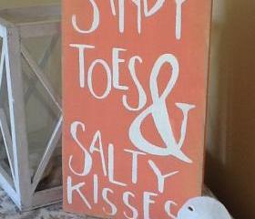 Sandy toes and salty kisses beach sign, primitive, beach sign, ocean sign, family decor, ocean blue